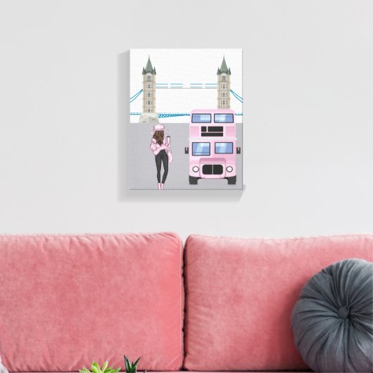 Roze Londense bus met towerbrug Canvas Afdruk (Insitu (Woonkamer))