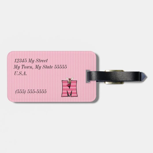 Roze los met Letter M Knit Print voor meisjes Bagagelabel (Achterkant horizontaal)