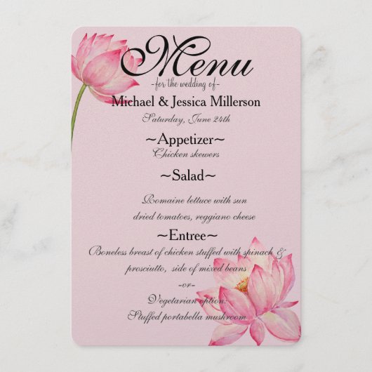 Roze Lotus Bloem Bruiloft Menu (Voorkant)