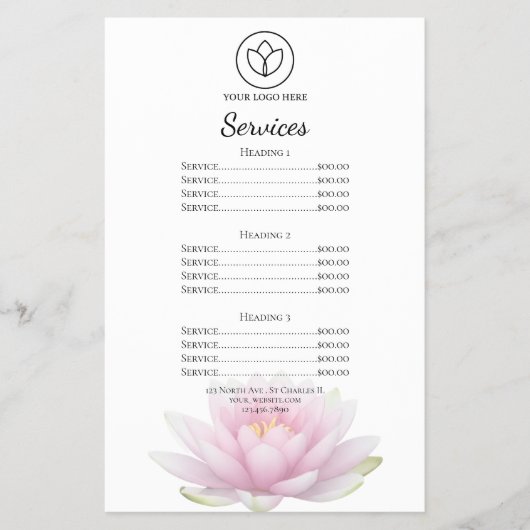 Roze Lotus Bloem Spa Salon Diensten Menu (Voorkant)