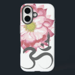 Roze Lotus Bloem Yoga & Zen Kalligrafie Om Aum iPhone 16 Hoesje<br><div class="desc">Roze Lotus Flower Tree Yoga Pose Indische Spirituele Om Symbol Design. Dit moderne en spirituele ontwerp is voorzien van een originele afbeelding van een mooie roze lotusbloem met het hindoeïstische spirituele oude symbool van Om of Aum geschreven in geborstelde handgetekende kalligrafie en een silhouet van een persoon in een yogaboompose...</div>