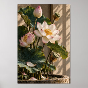Roze Lotus Bloemen en Zaadpeulen Botanische Muurku Poster