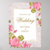 Roze lotus bloemen gouden grens welkomstteken poster (Voorkant)