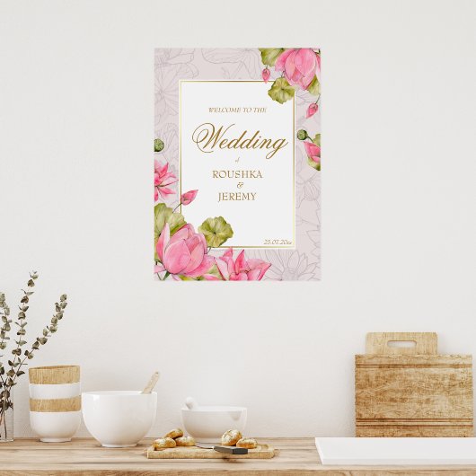 Roze lotus bloemen gouden grens welkomstteken poster (Keuken)