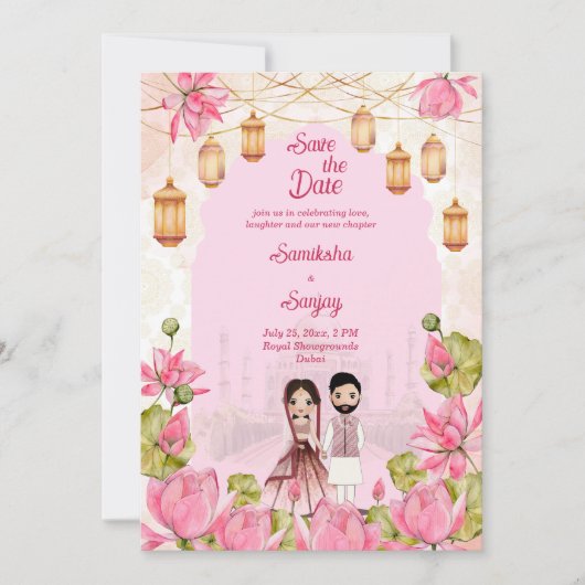 Roze Lotus bloemen tuinlantaarn Indiaanse bruiloft Kaart (Voorkant)