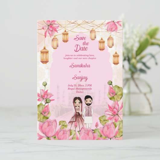 Roze Lotus bloemen tuinlantaarn Indiaanse bruiloft Kaart (Staand voorkant)