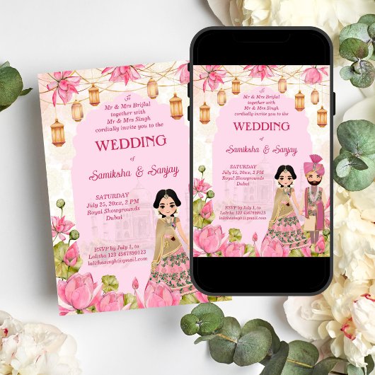 Roze Lotus bloemen tuinlantaarn Indiaanse bruiloft Kaart