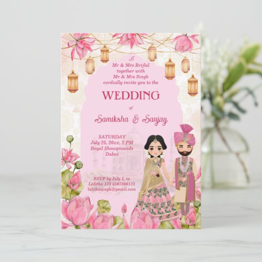 Roze Lotus bloemen tuinlantaarn Indiaanse bruiloft Kaart (Staand voorkant)