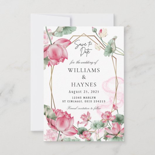 Roze Lotus Bloemige Save the Date Kaart (Voorkant)