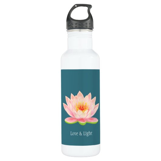 Roze Lotus Flower op Blauwgroen Waterfles (Voorkant)