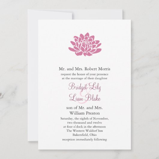 Roze Lotus Flower Wedding-uitnodiging (wit) Kaart (Voorkant)