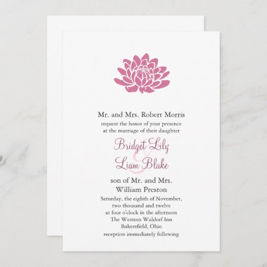 Roze Lotus Flower Wedding-uitnodiging (wit) Kaart (Voorkant / Achterkant)