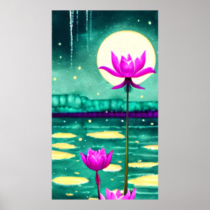 Roze Lotus Flowers en Full Moon Poster