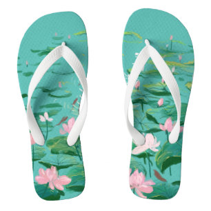 Roze Lotus Flowers Green Leaves Floral Garden Flip Teenslippers
