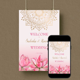 Roze lotus gouden mandala Indiase bruiloft welkom Poster
