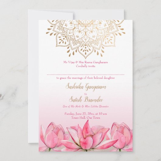 Roze lotus goudmandala Indiaanse bruiloft Kaart (Voorkant)