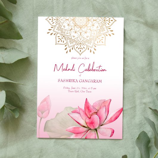 Roze lotus goudmandala Indische bruiloft Kaart