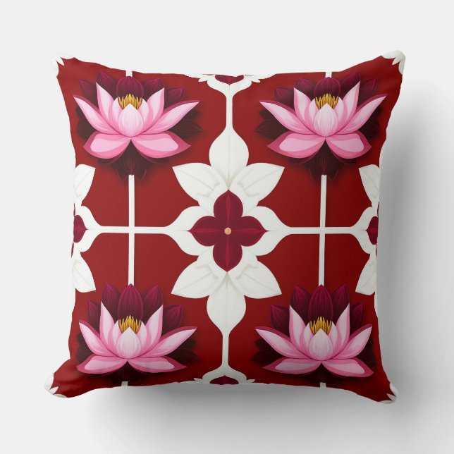 Roze Lotus Levendig Bloemendesign Kussen (Voorkant)