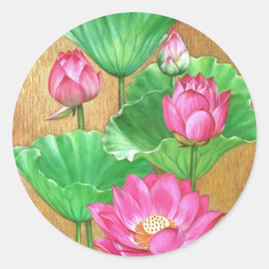 Roze lotus op gouden verf achtergrond ronde sticker (Voorkant)