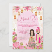 Roze Lotus schattig paar karikatuur Indiase bruilo Kaart (Voorkant)