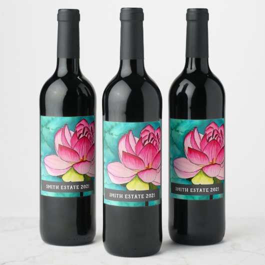 Roze Lotus waterverf art wijnlabel Wijn Etiket (Flessen)
