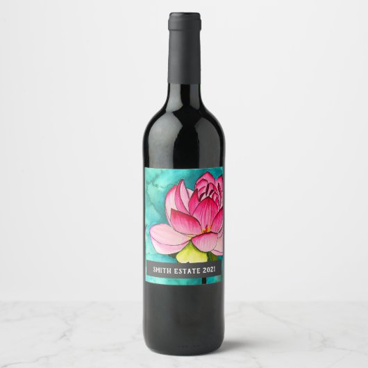 Roze Lotus waterverf art wijnlabel Wijn Etiket (Voorkant)