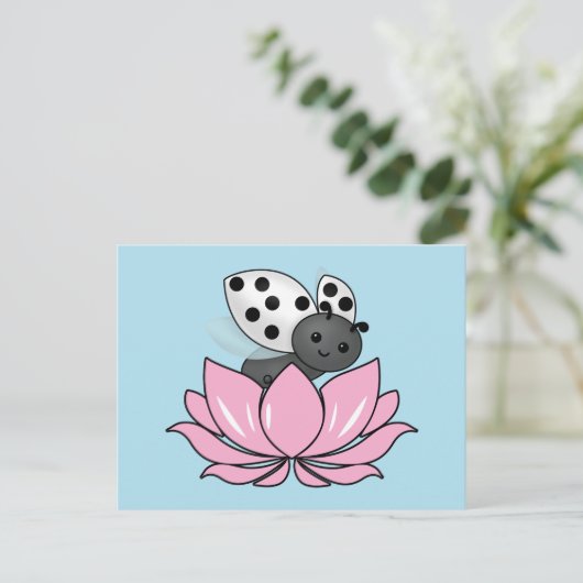 Roze Lotus White Ladybug Briefkaart (Staand voorkant)