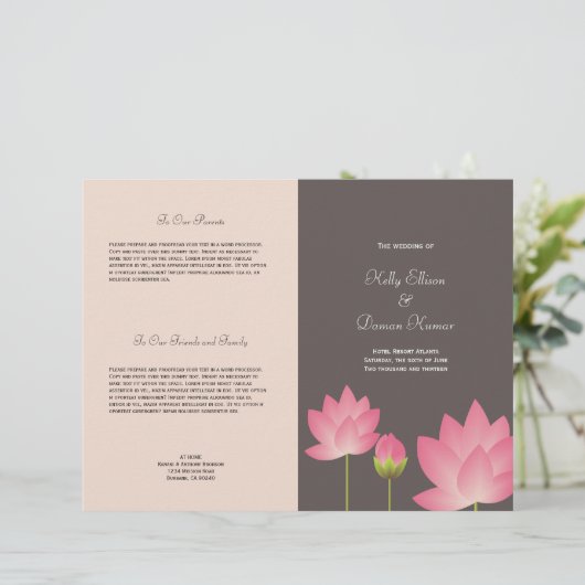 Roze lotusbloem modern grijs trouwprogramma (Staand voorkant)