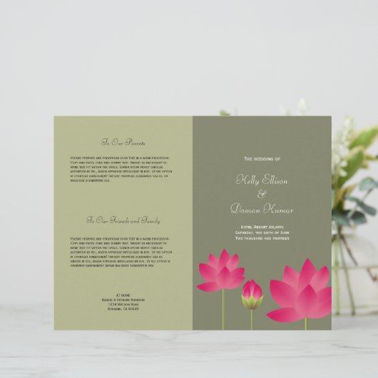 Roze lotusbloem modern groen trouwprogramma (Staand voorkant)