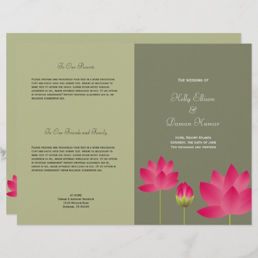 Roze lotusbloem modern groen trouwprogramma (Voorkant / Achterkant)