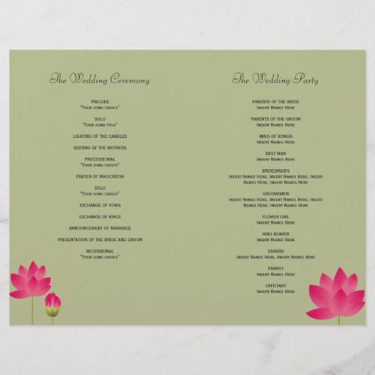 Roze lotusbloem modern groen trouwprogramma (Achterkant)
