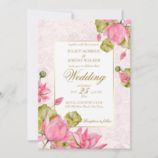 Roze lotusbloemen gouden grenselegant kaart (Voorkant)