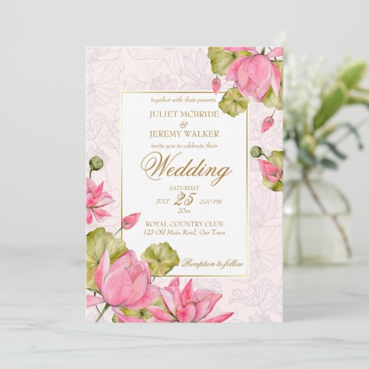 Roze lotusbloemen gouden grenselegant kaart (Staand voorkant)