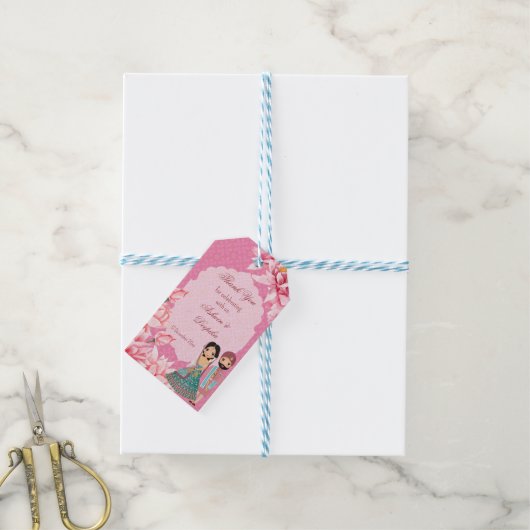 Roze lotusbloemen met schattig Indiaas bruidskoppe Cadeaulabel (Met Touw)