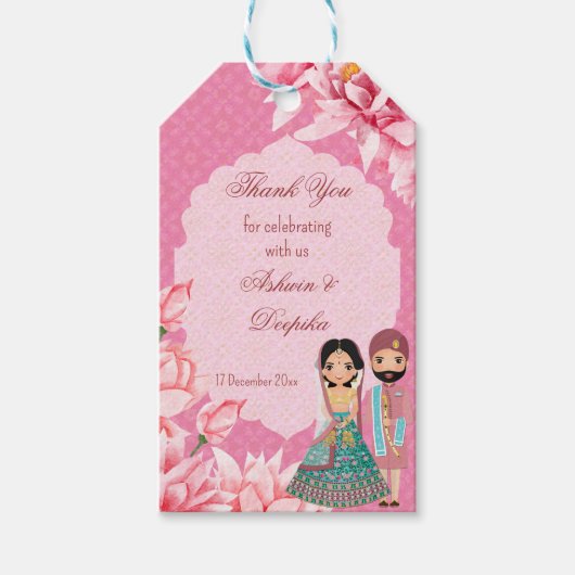 Roze lotusbloemen met schattig Indiaas bruidskoppe Cadeaulabel (Voorkant)