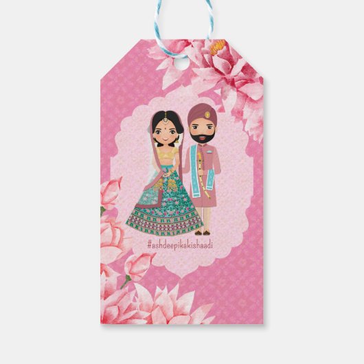 Roze lotusbloemen met schattig Indiaas bruidskoppe Cadeaulabel (Achterkant)