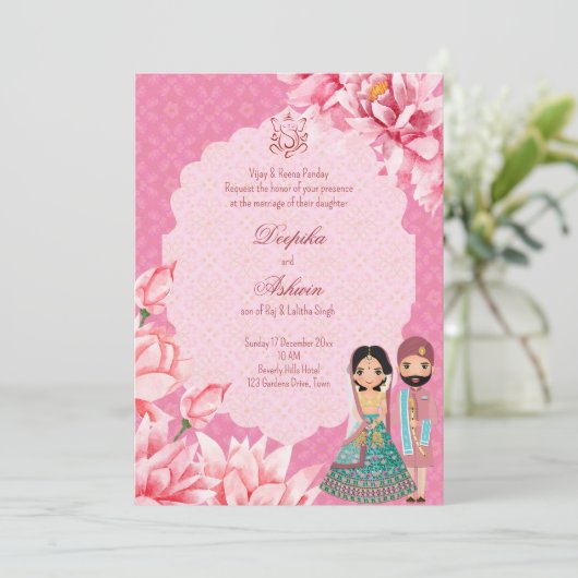 Roze lotusbloemen met schattig Indiaas bruidskoppe Kaart (Staand voorkant)