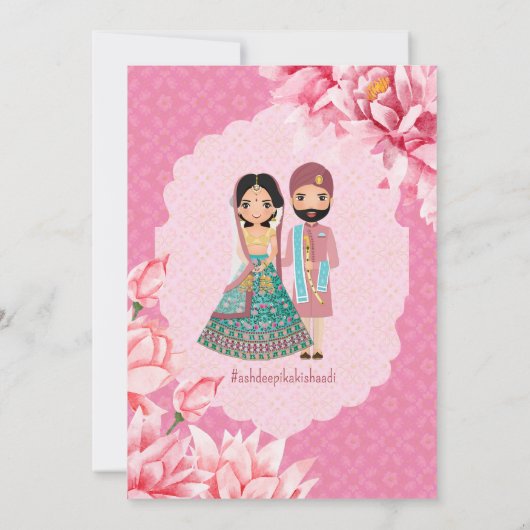 Roze lotusbloemen met schattig Indiaas bruidskoppe Kaart (Achterkant)