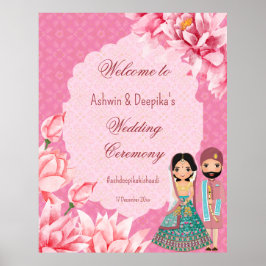 Roze lotusbloemen met schattig Indiaas bruidskoppe Poster