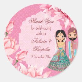 Roze lotusbloemen met schattig Indiaas bruidskoppe Ronde Sticker