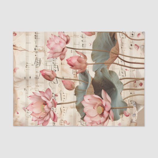 Roze lotusbloemen muziekblad ephemera tissuepapier (Voorkant)
