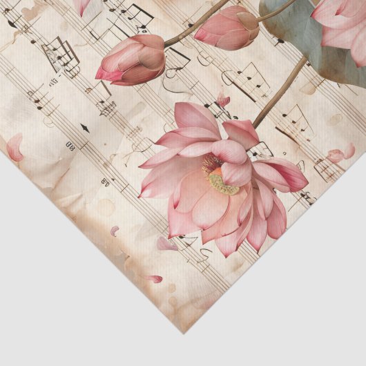 Roze lotusbloemen  muziekblad ephemera tissuepapier (Detail)