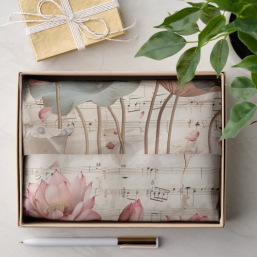 Roze lotusbloemen muziekblad ephemera tissuepapier (Geschenk)