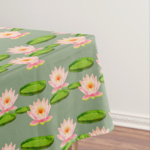 Roze Lotusbloemen & Waterlelies op Lauriersgroen Tafelkleed