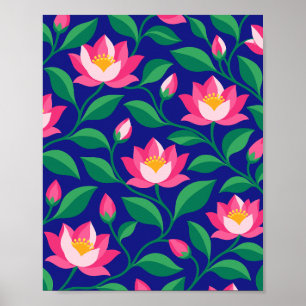 Roze Lotuspatroon op een Marineblauwe Achtergrond Poster
