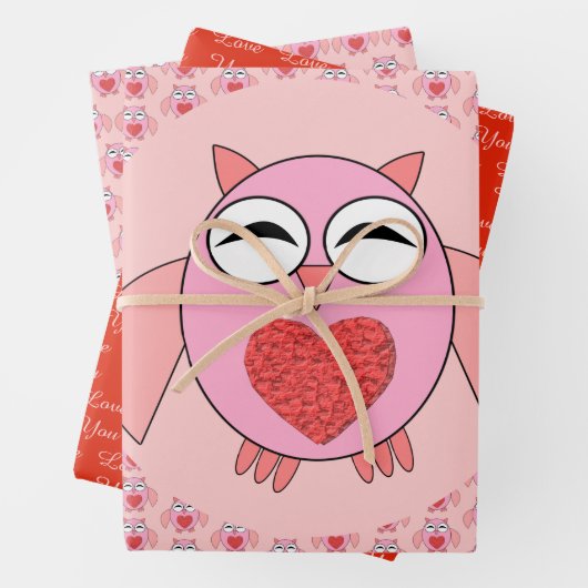 Roze Love Heart Owl Aangepast Inpakpapier Vel (In situ)