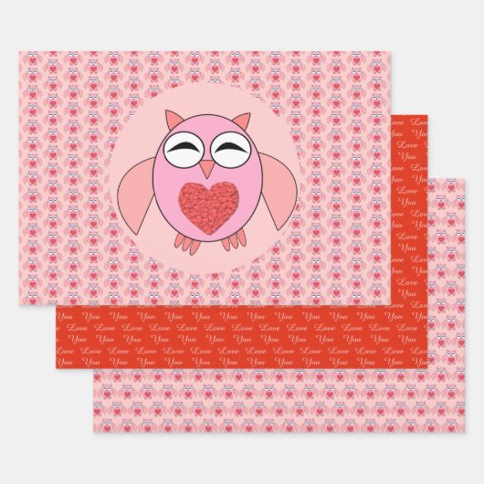 Roze Love Heart Owl Aangepast Inpakpapier Vel (Set)