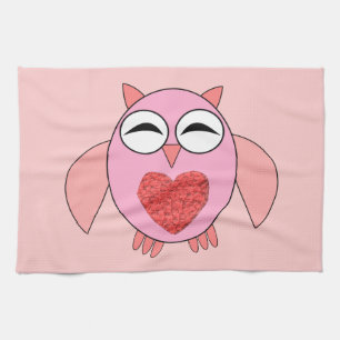 Roze Love Heart Owl Kitchen Towel Theedoek