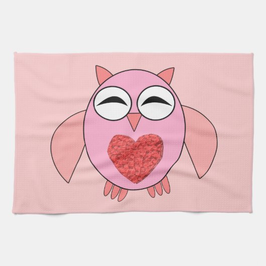 Roze Love Heart Owl Kitchen Towel Theedoek (Horizontaal)