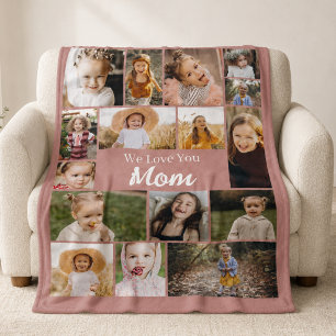 Roze Love You Mom 16 Foto Collage Fleece Deken